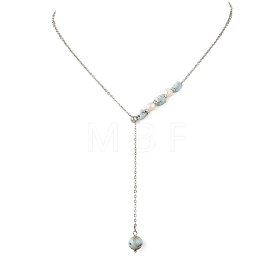 Natural Larimar Round Pendant Brass Cable Chain Lariat Y Necklaces with Natural Pearl for Women NJEW-JN06611-02-1