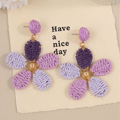 Bohemian Style Flower Alloy Raffia Dangle Stud Earrings FS-WGE633D-02-1