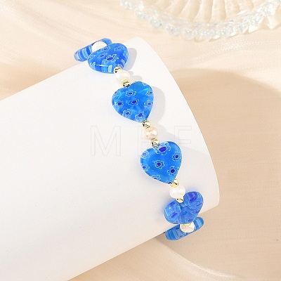 Handmade Millefiori Lampwork Heart & Natural Pearl Beaded Stretch Bracelets BJEW-JB14294-01-1