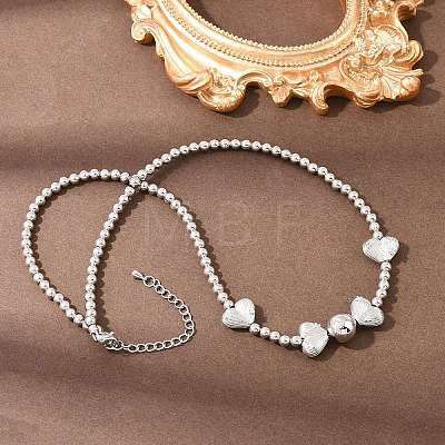 Brass Micro Pave Clear Cubic Zirconia Heart Round Beaded Bib Necklaces for Women NJEW-F364-08P-1