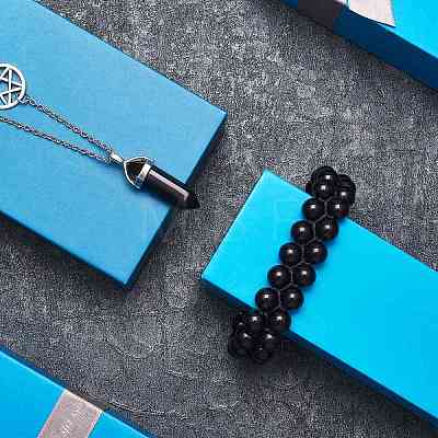 Natural Obsidian Bullet Pendant Necklace and Round Braided Bead Bracelet AJEW-SZ00002-29-1