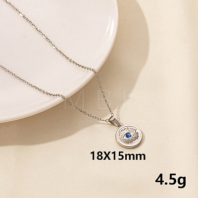 Stylish Stainless Steel Rhinestones Flat Round with Evil Eye Pendant Necklace QQ6499-11-1