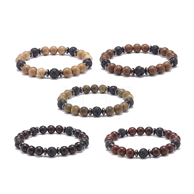 Natural Lava Rock & Wood Beaded Stretch Bracelet BJEW-JB08535-02-1