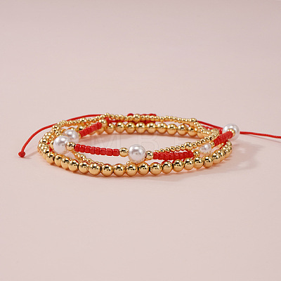 3Pcs 3 Styles Brass Round Beads Stretch Bracelets & Glass Seed Beads & Imitation Pearl Round Beads Adjustable Bracelets Set for Women YO0732-1-1