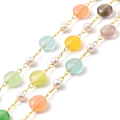 Colorful Cat Eye Flat Round & Glass Pearl Beaded Chains CHC-G017-13G-1