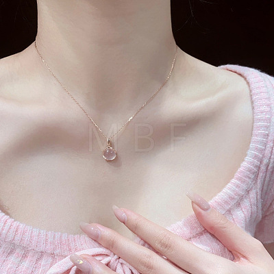 Flat Round Brass Pave Natural Rose Quartz Pendant Necklaces for Women WG46560-01-1