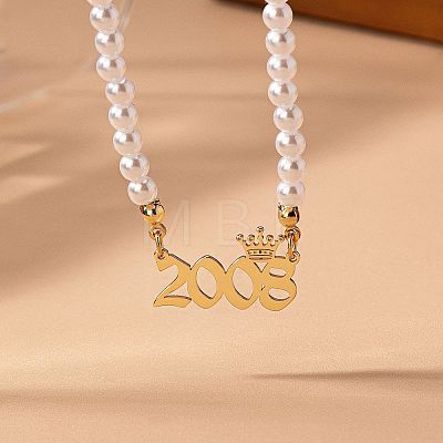 Alloy Crown Birth Year Pendant Imitation Pearl Round White Beaded Necklaces for Women FS-WG173C9-05-1