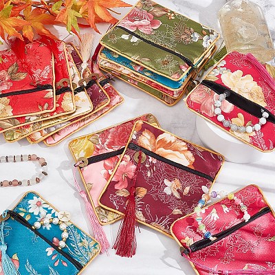 14Pcs Double Layer Chinese Brocade Tassel Zipper Jewelry Bag Gift Pouch ABAG-WH0038-28-1