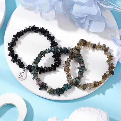 3Pcs 3 Styles Natural Labradorite & Obsidian & Moss Agate  Chips Stretch Bracelets Sets BJEW-JB11076-12-1