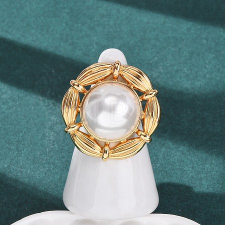 Adjustable Brass with ABS Plastic Pearl Cuff Rings RJEW-G368-07G-1