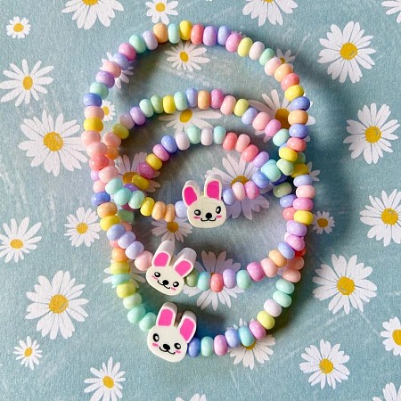 Easter Acrylic Rabbit & Rondelle Beaded Stretch Bracelets for Girl FS-WGB8062-01-1