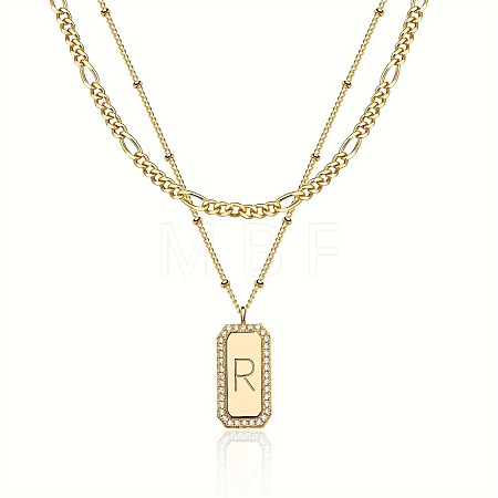 Brass Micro Pave Clear Cubic Zirconia Rectangle with Initial Pendant Double Layer Necklaces for Women FS-WG478B5-18-1