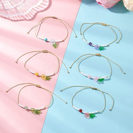 6Pcs Floral & Leaf Natural Amethyst & Carnelian & Dyed Yellow Jade & Green Aventurine & Synthetic Green Turquoise & Glass Seed Beaded Bracelets BJEW-MZ00312-1