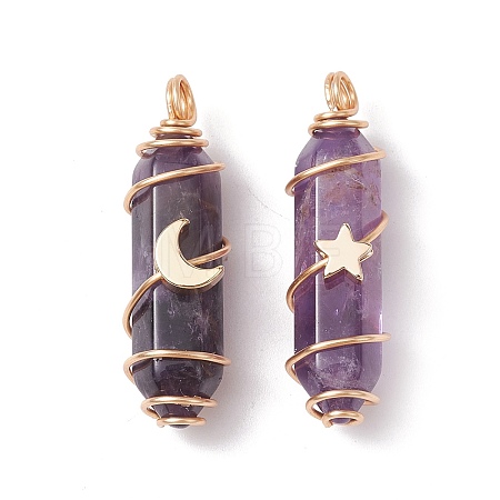 Natural Amethyst Copper Wire Wrapped Pointed Pendants PALLOY-JF02535-02-1