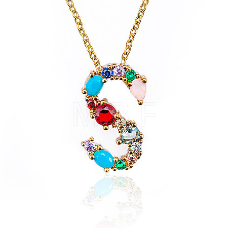 Golden Brass Micro Pave Cubic Zirconia Initial Pendants Necklaces NJEW-S069-JN002-S-1