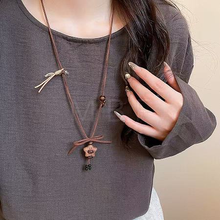 Coffee Bean & Wood Star Pendant Adjustable Imitation Leather Cord Long Necklaces for Women WG79F39-04-1