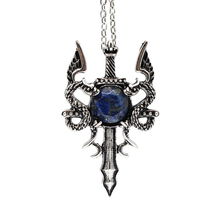 Natural Lapis Lazuli Dragon Sword Pendant Necklace G-PW0004-67G-1