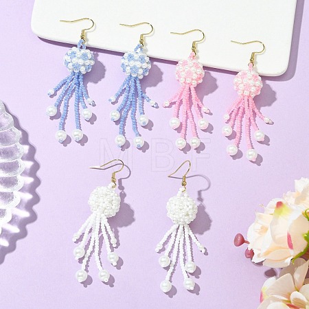 Glass Seed with Glass Pearl Tassel Dangle Earrings EJEW-MZ00727-1