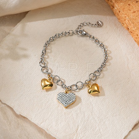 Duo Tone 304 Stainless Steel Crystal Rhinestone Triple Heart Charm Bracelets for Women WG2282A-02-1