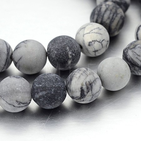 Frosted Round Natural Black Silk Stone/Netstone Bead Strands G-J276-65-10mm-1
