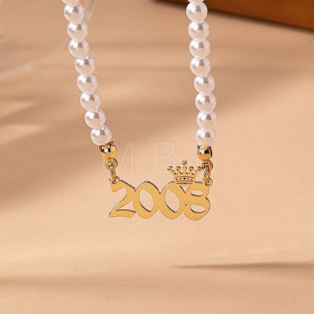 Alloy Crown Birth Year Pendant Imitation Pearl Round White Beaded Necklaces for Women FS-WG173C9-05-1