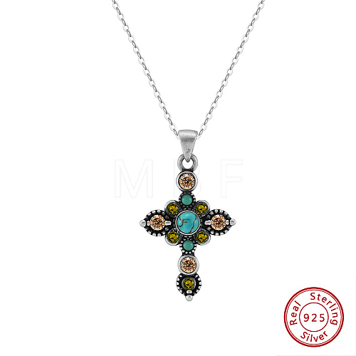 Natural Turquoise & Cubic Zirconia Cross Pendant Necklaces NJEW-L125-001ASP-1