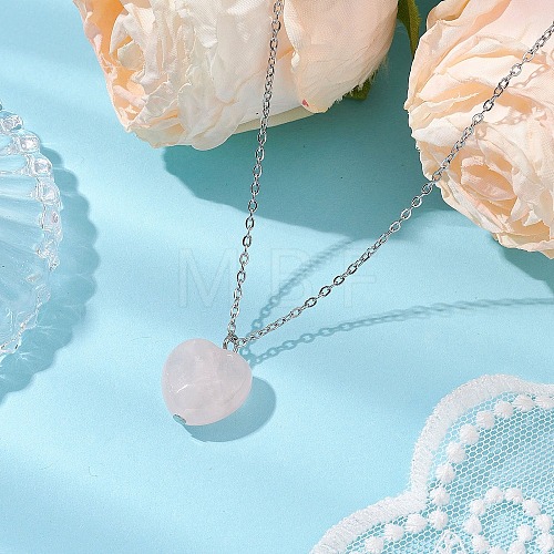 Natural Rose Quartz Faceted Heart Pendant Necklaces NJEW-JN05104-01-1