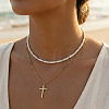 Beach Vacation Style Stainless Steel Religion Cross Pendant Natural White Jade Heishi Beaded Double Layer Necklaces for Women QG1443-1