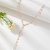 Flat Round Brass with Plastic Pearl Lariat Necklaces FS-WG1426B-01-2