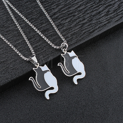 304 Stainless Steel Enamel Black and White Cat Shaped Pendant Box Chain Necklaces for Men WG4CCE4-01-1