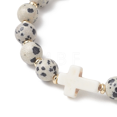 Round Natural Dalmatian Jasper Stone Beaded Stretch Bracelets BJEW-JB13450-1