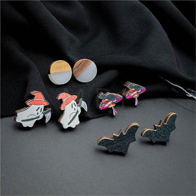 Halloween Mushroom Ghost Bat Wood Stud Earring Sets EJEW-OY002-04-1