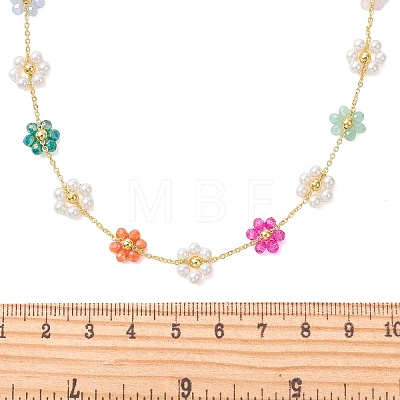 Glass & Shell Pearl Beaded Flower Brass Link Chain Necklaces for Women NJEW-JN06278-1
