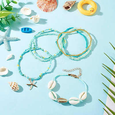 2 Bags Summer Beach Glass Seed Beaded & Natural Shell & Alloy Starfish Charm Anklet Sets AJEW-TA0003-69G-1