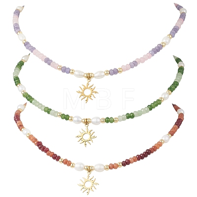 201 Stainless Steel Sun Pendant Dyed Faceted Rondelle Natural Malaysia Jade & Natural Pearl Beaded Necklaces NJEW-JN05814-1