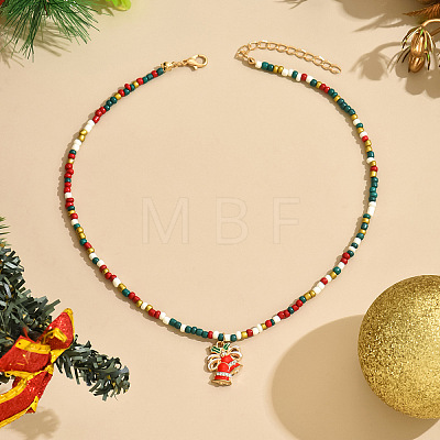 Christmas Alloy Enamel Pendant Colorful Glass Seed Beaded Necklaces FS-WG695D6-08-1