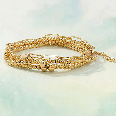 4Pcs Minimalist Brass Beads Stretch Bracelets & 304 Stainless Steel Paperclip Chain Bracelets Set for Women XV4057-1-1