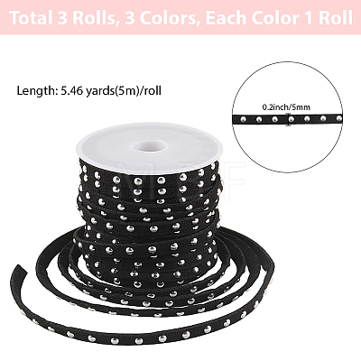 3 Rolls 3 Colors Flat Faux Suede Cord with Alloy Rivets LW-CL0001-08B-1