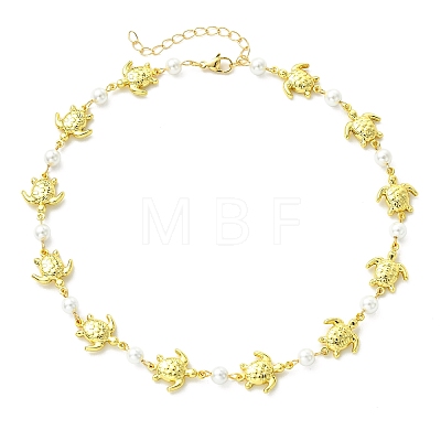 Ocean 304 Stainless Steel Sea Animals Handmade Link Chain Necklaces with White Round Shell Pearl Beads NJEW-JN06097-01-1