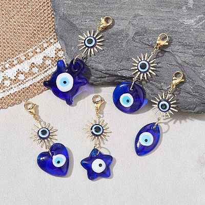 Glass Mixed Shapes with Evil Eye & Brass Sun Pendant Decorations HJEW-JM01522-1