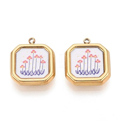 Printed Style 304 Stainless Steel Square with Flower Pendants STAS-T071-24D-G-1
