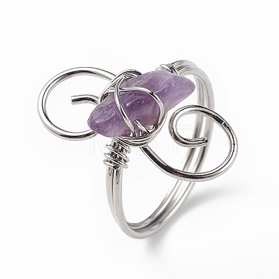 Natural Amethyst Chips with Vortex Finger Ring RJEW-L082-02P-04-1