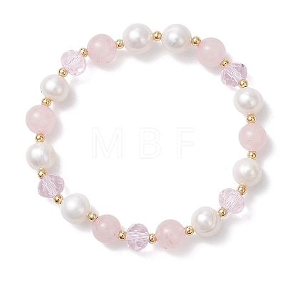 Natural Rose Quartz & Cultured Freshwater Pearl Beads Stretch Bracelets BJEW-JB12856-02-1