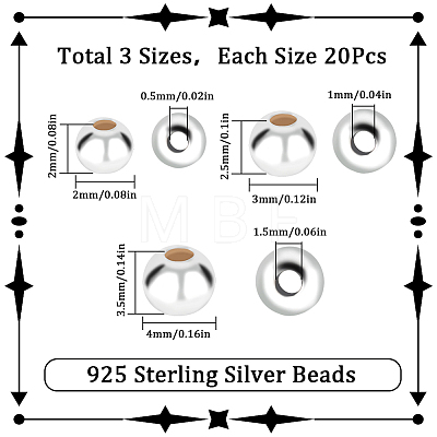 SUNNYCLUE 60Pcs 3 Styles 925 Sterling Silver Beads STER-SC0001-25-1