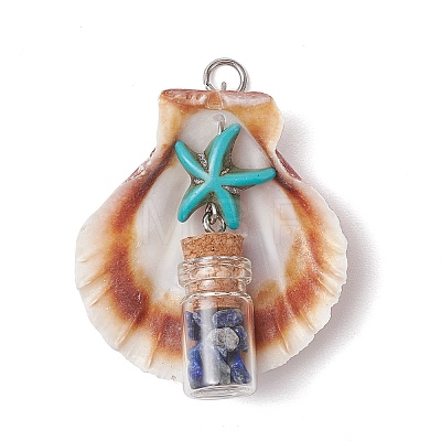 7Pcs 7 Styles Natural Scallop Shell & Dyed Synthetic Turquoise Starfish Pendants PALLOY-JF03564-01-1
