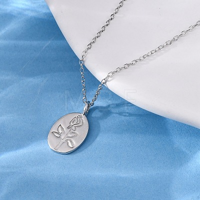 925 Sterling Silver Oval with Engraved Rose Flower Pendant Necklaces for Women NJEW-D316-03P-1