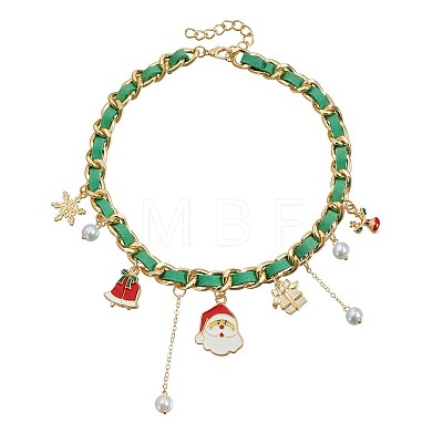 Christmas Alloy Enamel Santa Claus Christmas Bell Gift Box Pendant PU Leather Cord Bib Necklaces for Women FS-WG9C2A3-03-1