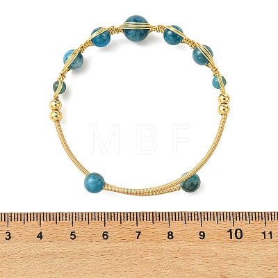 Herringbone Wire-Wrapped Natural Mixed Gemstone Brass Cuff Bangles BJEW-JB14039-1