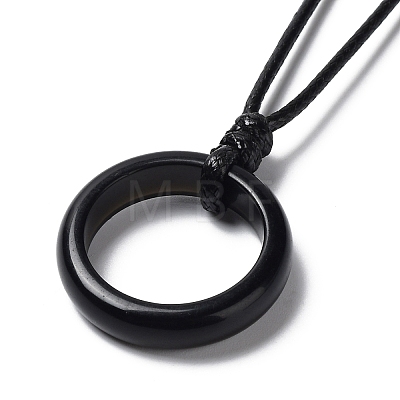 Natural Obsidian Ring Pendant Necklace with Waxed Cords NJEW-R262-01A-10-1