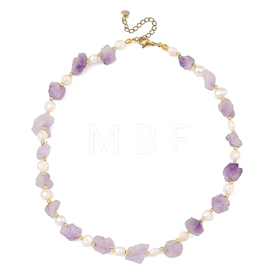 Raw Natural Amethyst Nuggets & Potato Natural Pearl Beaded Necklaces for Women NJEW-JN06480-1